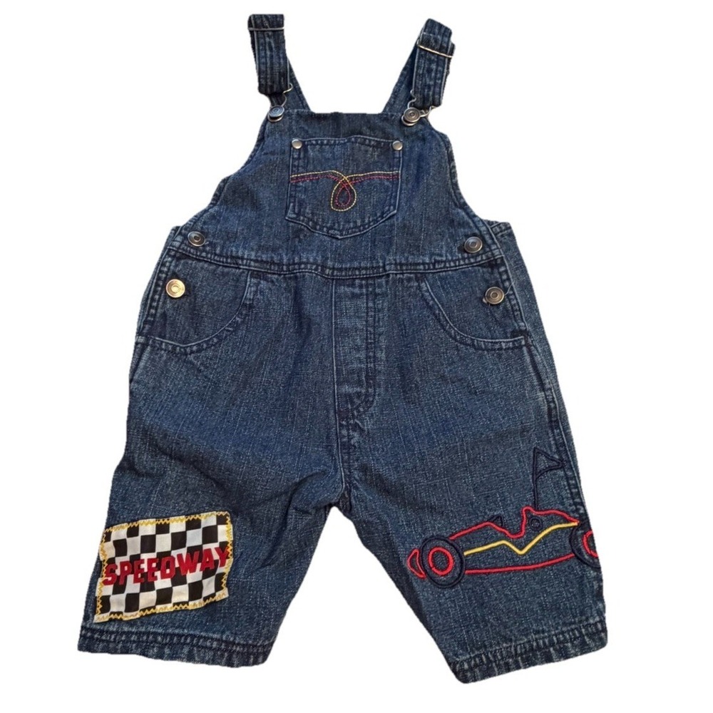 Vintage Denim Shortalls Toddler Boy 3T Racing Car Speedway Overalls Y2K Cotton